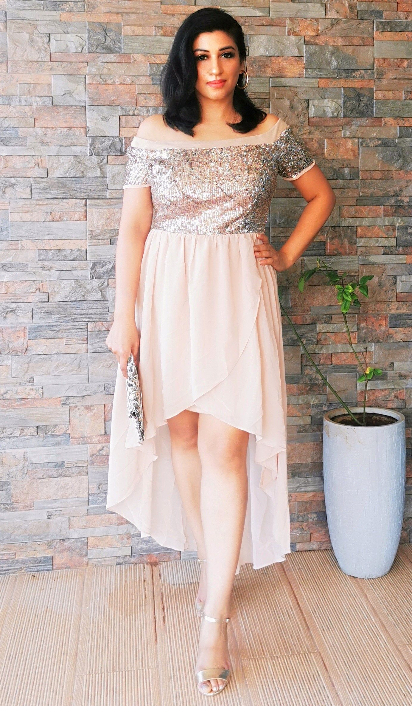 Deep Champagne Sequins Chiffon Dip Hem Dress