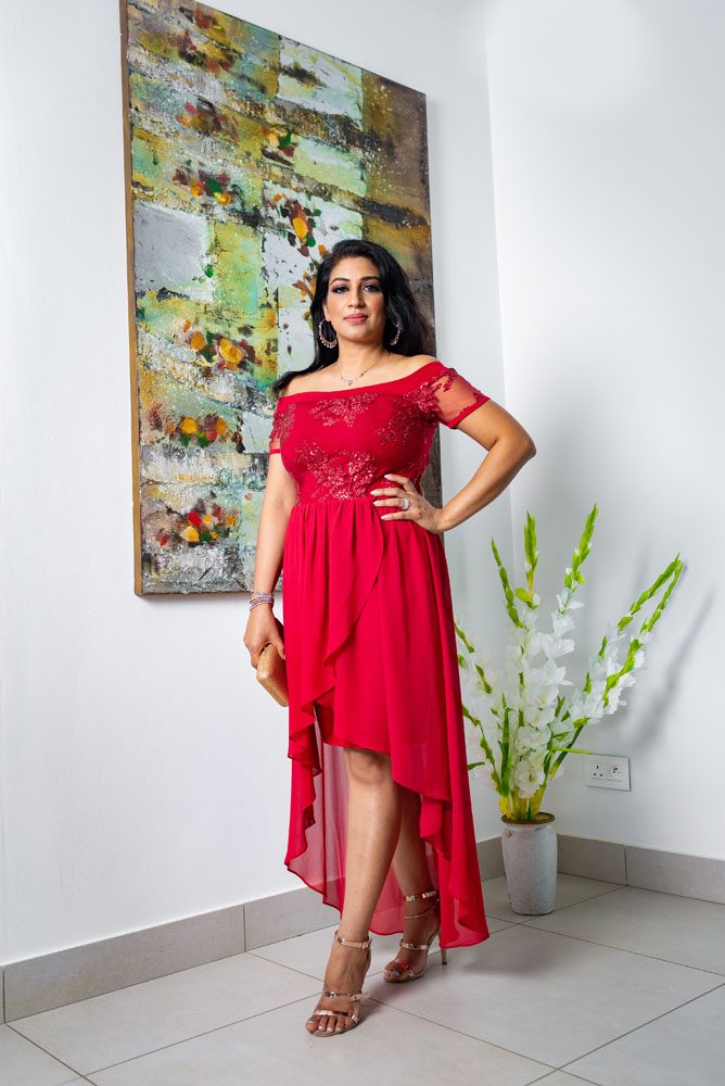Deep Red Flower Sequin Dip Hem Dress