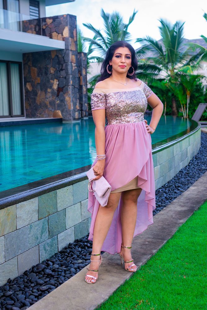 Deep Champagne Sequins Chiffon Dip Hem Dress