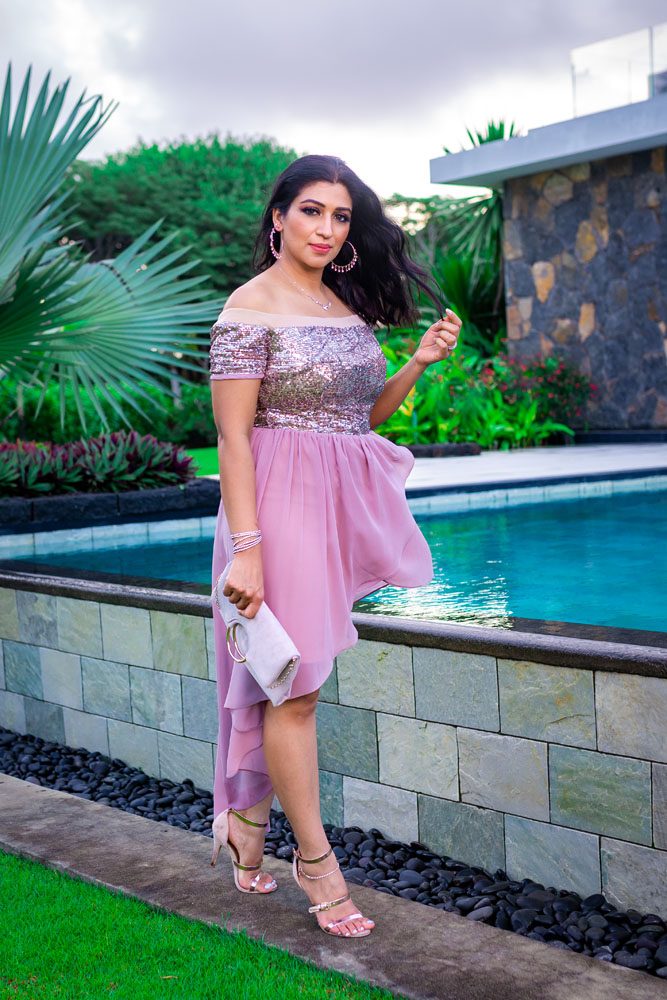 Deep Champagne Sequins Chiffon Dip Hem Dress