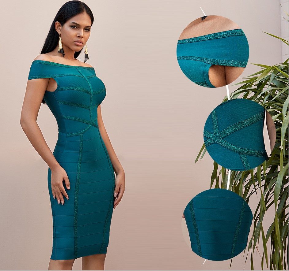Bardot neck bandage dress in colour teal