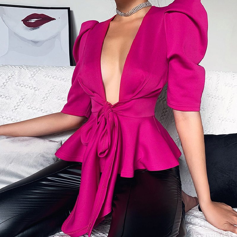 Deep V-Neck Top with Puffed Sleeves