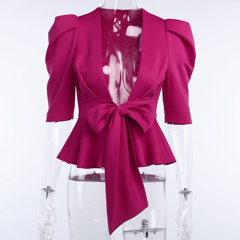 Deep V-Neck Top with Puffed Sleeves