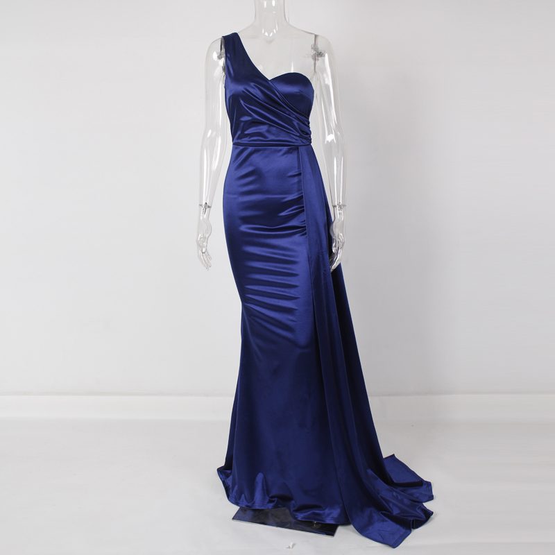Satin Mermaid One Shoulder Side Pleated  Drop Down Train Gown