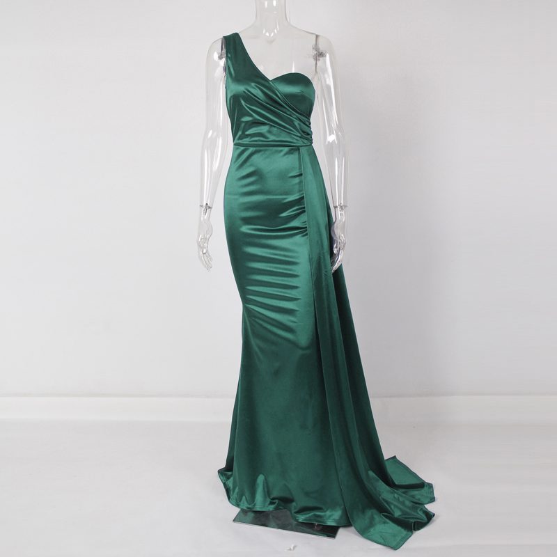 Satin Mermaid One Shoulder Side Pleated  Drop Down Train Gown
