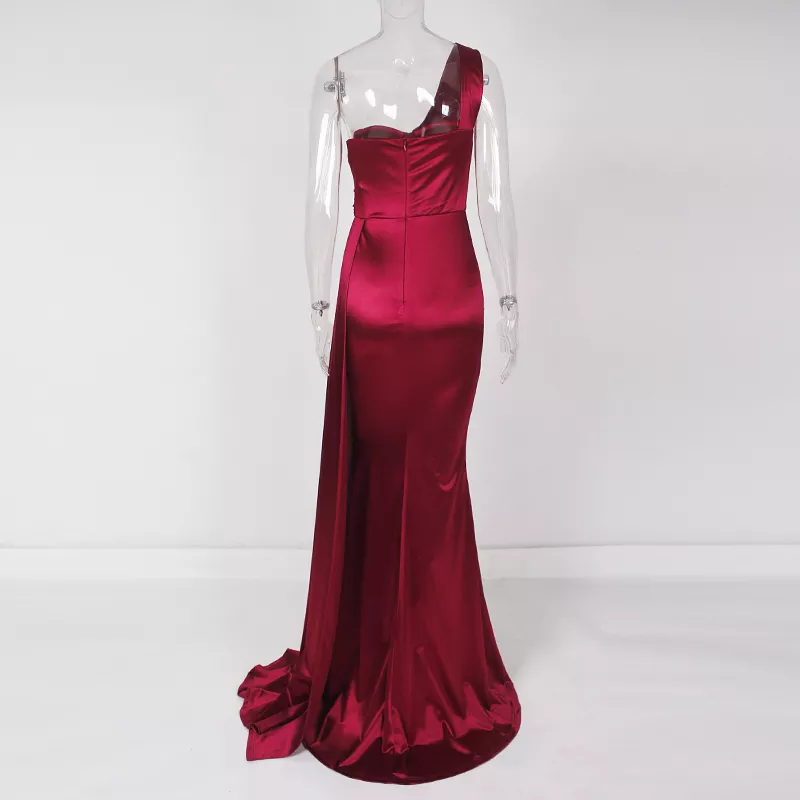 Satin Mermaid One Shoulder Side Pleated  Drop Down Train Gown