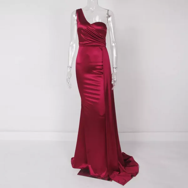 Satin Mermaid One Shoulder Side Pleated  Drop Down Train Gown