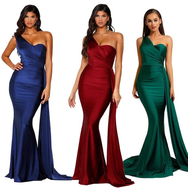 Satin Mermaid One Shoulder Side Pleated  Drop Down Train Gown