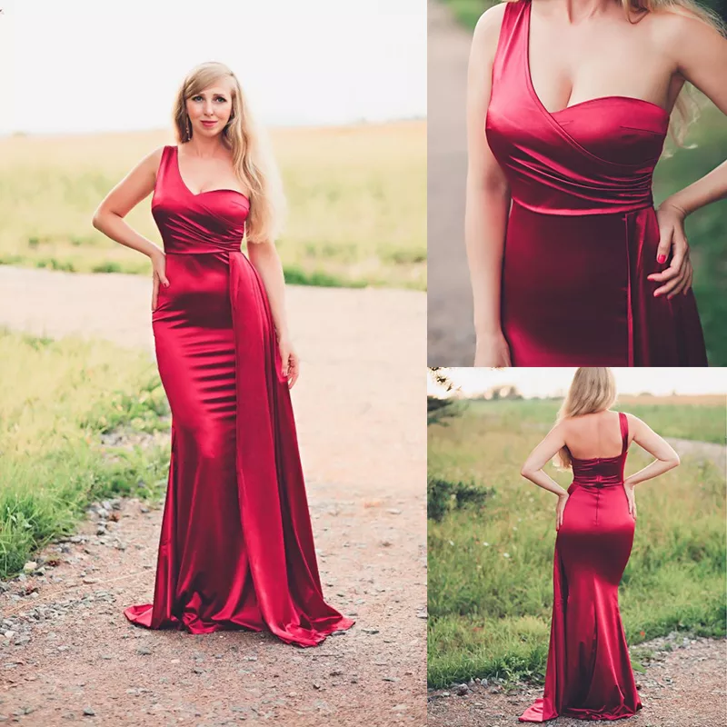 Satin Mermaid One Shoulder Side Pleated  Drop Down Train Gown