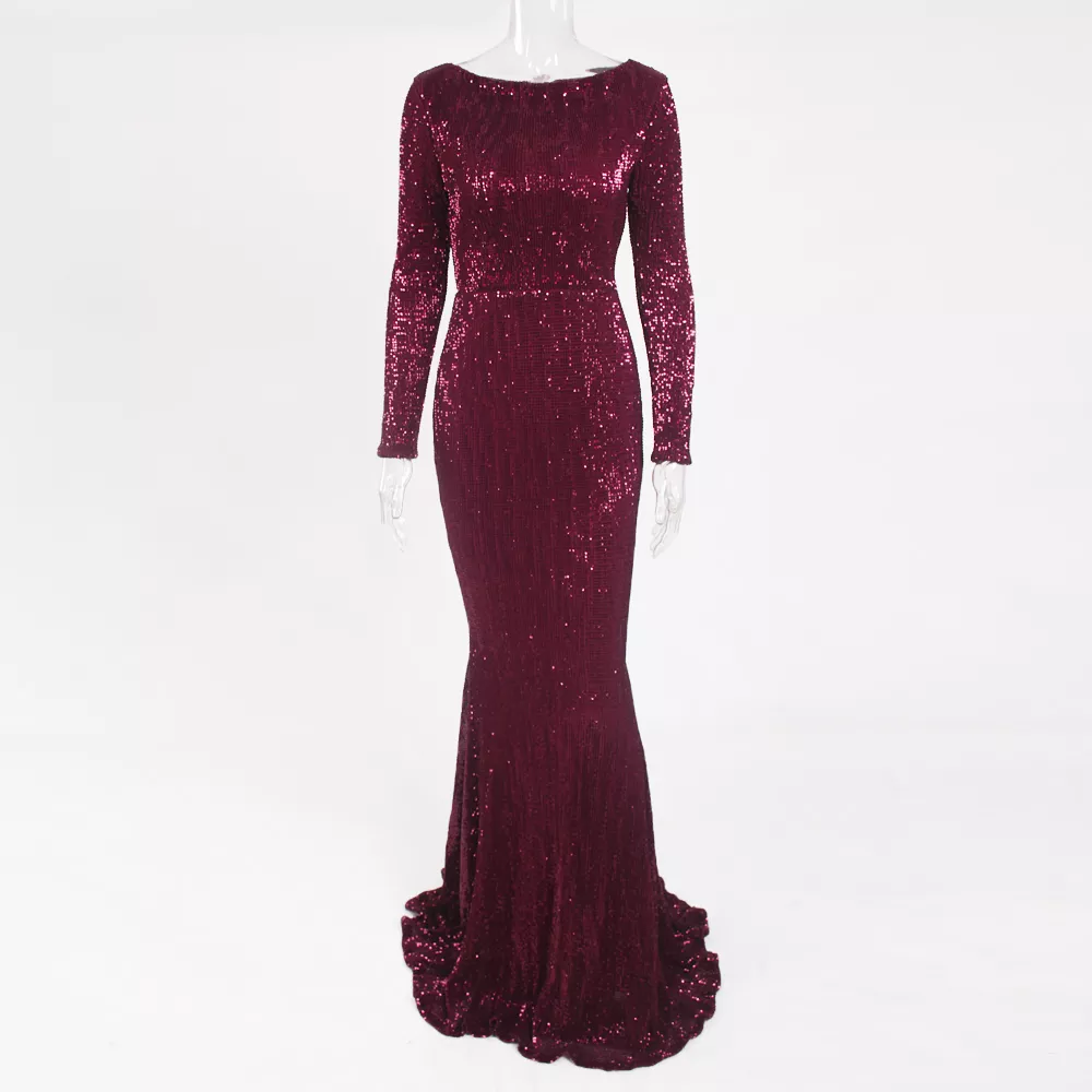 Sequin and Pleats Stretch Long Sleeves Glamorous Mermaid Gown