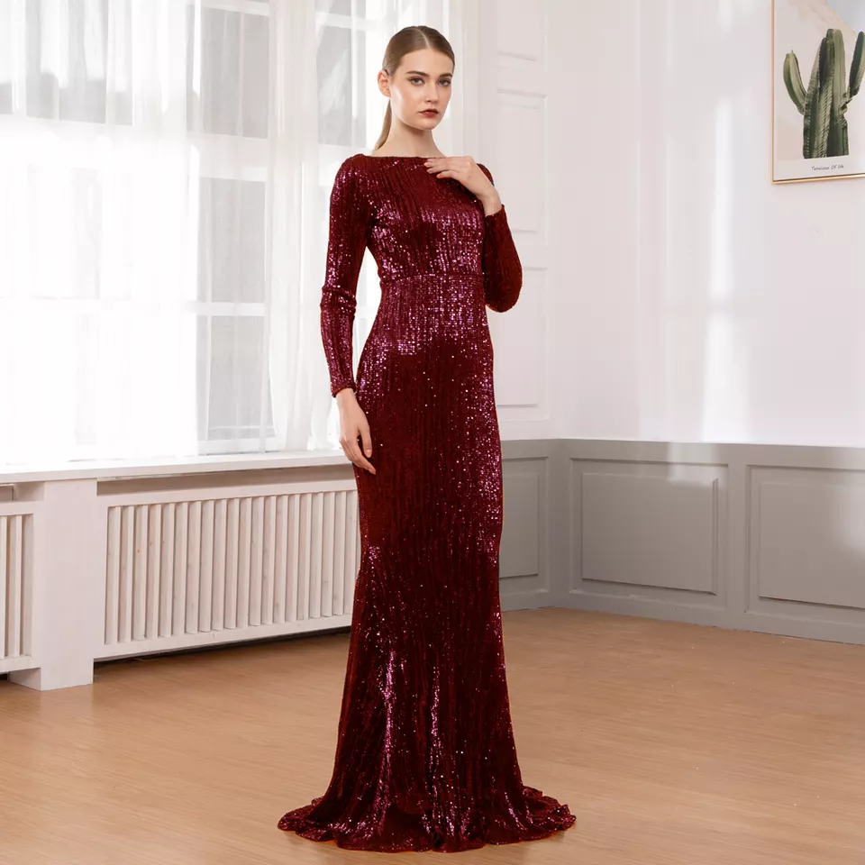 Sequin and Pleats Stretch Long Sleeves Glamorous Mermaid Gown