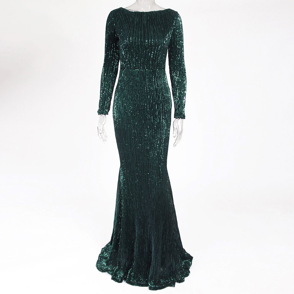 Sequin and Pleats Stretch Long Sleeves Glamorous Mermaid Gown