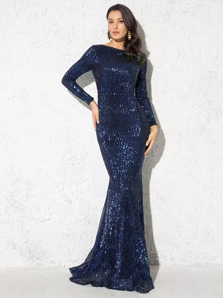 Sequin and Pleats Stretch Long Sleeves Glamorous Mermaid Gown