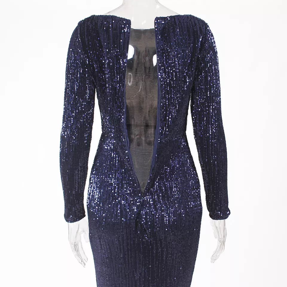 Sequin and Pleats Stretch Long Sleeves Glamorous Mermaid Gown