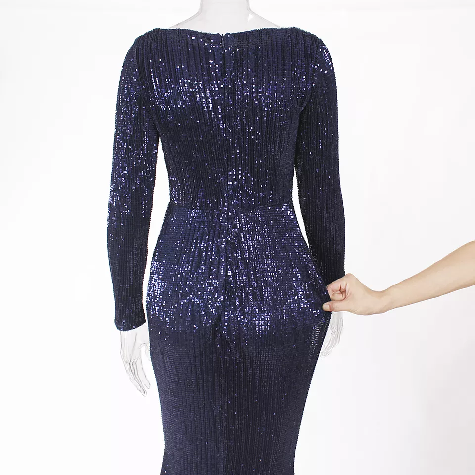 Sequin and Pleats Stretch Long Sleeves Glamorous Mermaid Gown