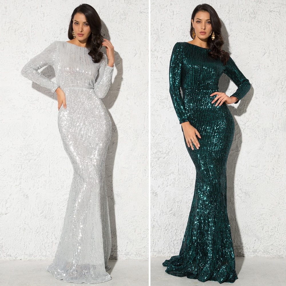 Sequin and Pleats Stretch Long Sleeves Glamorous Mermaid Gown