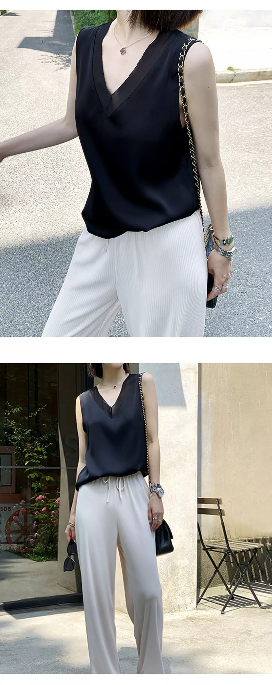 Chiffon and Silk V-neck Blouse