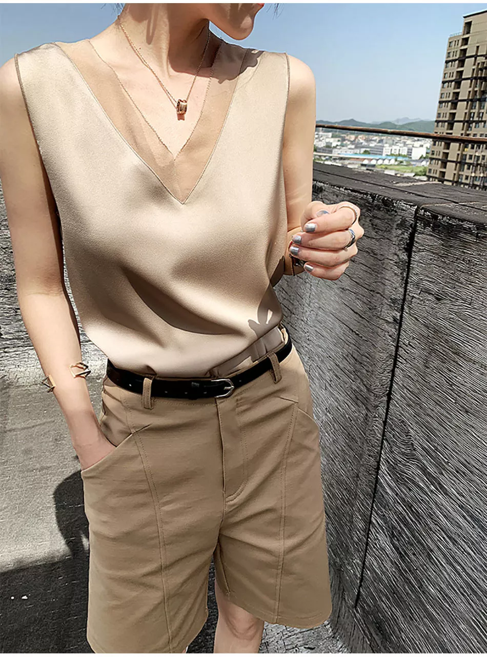 Chiffon and Silk V-neck Blouse