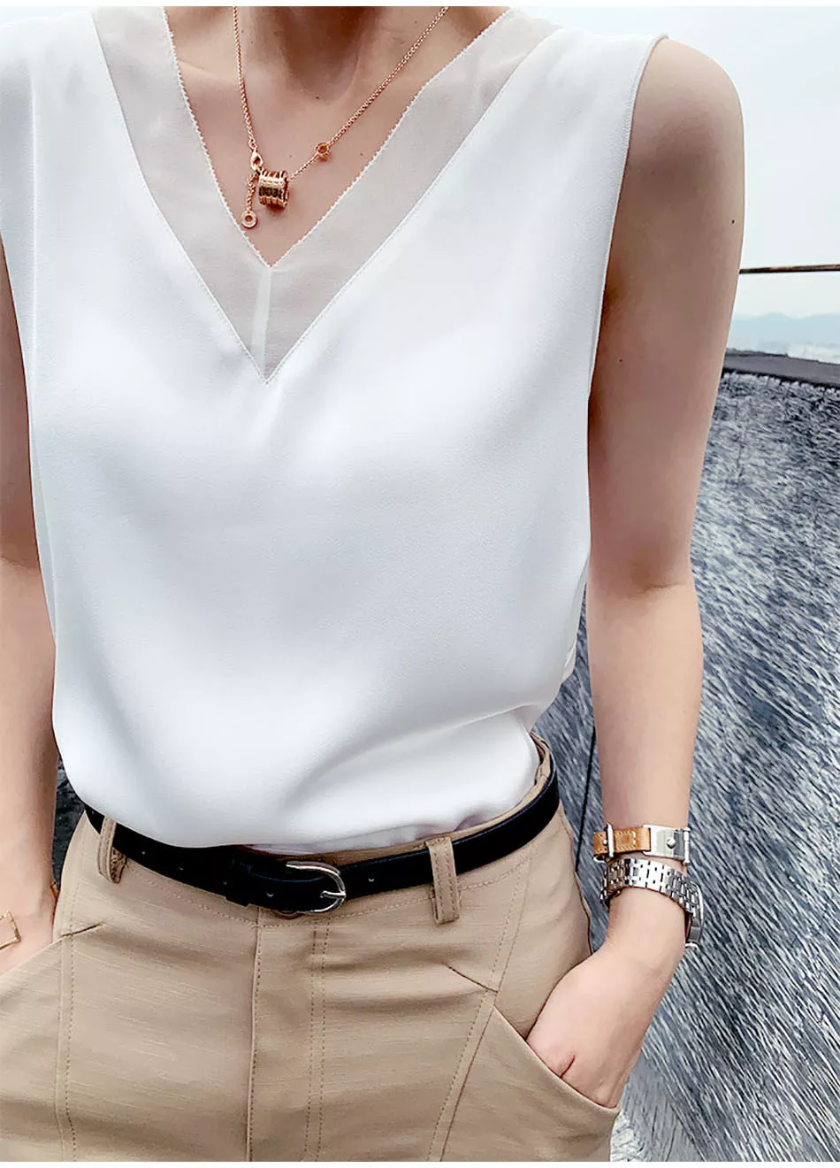 Chiffon and Silk V-neck Blouse