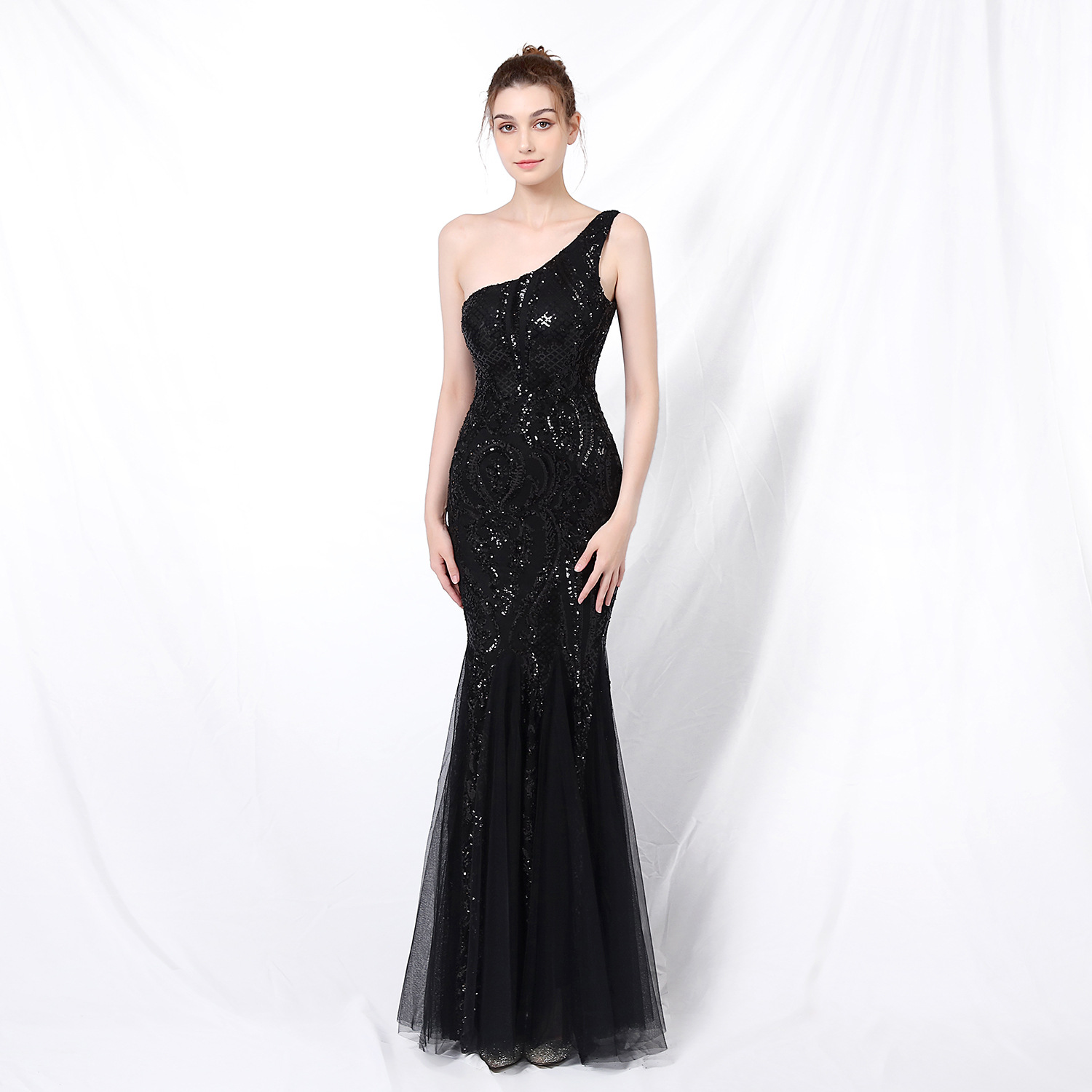 One Shoulder Bow Sequin Gown main image 0