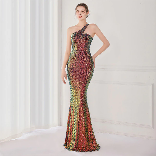 One shoulder Multi-Colour Sequin Evening Gown