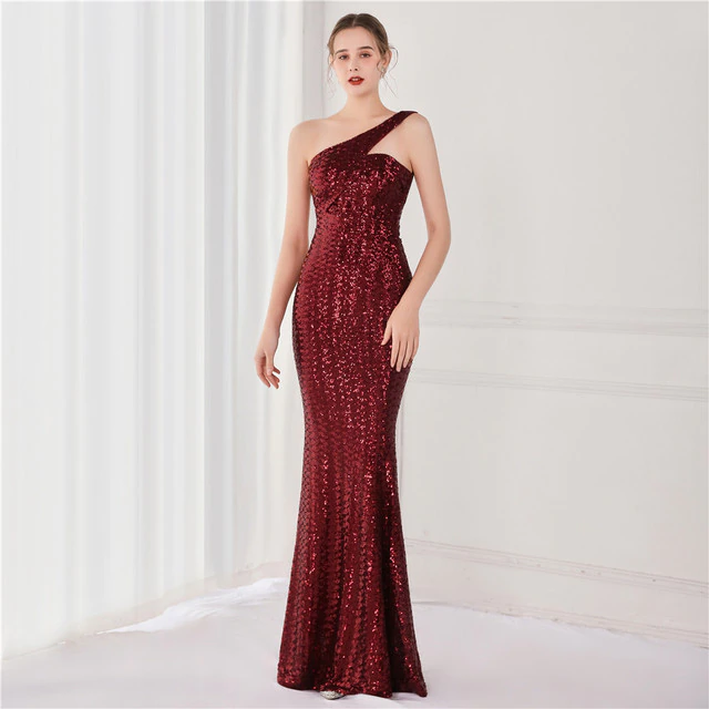 One shoulder Multi-Colour Sequin Evening Gown