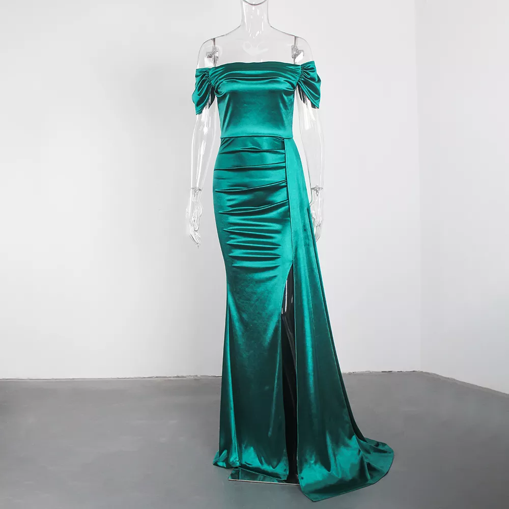 Satin Bardot Off Shoulder Pleated and Ruched Side Train Gowns