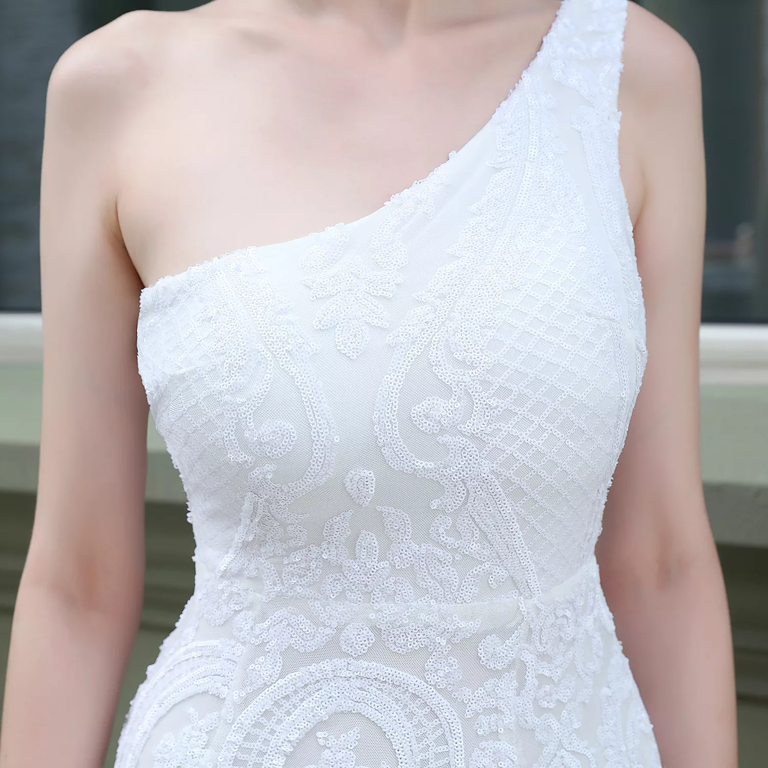 One shoulder Roman Flower Pattern Sequin Mesh Gown