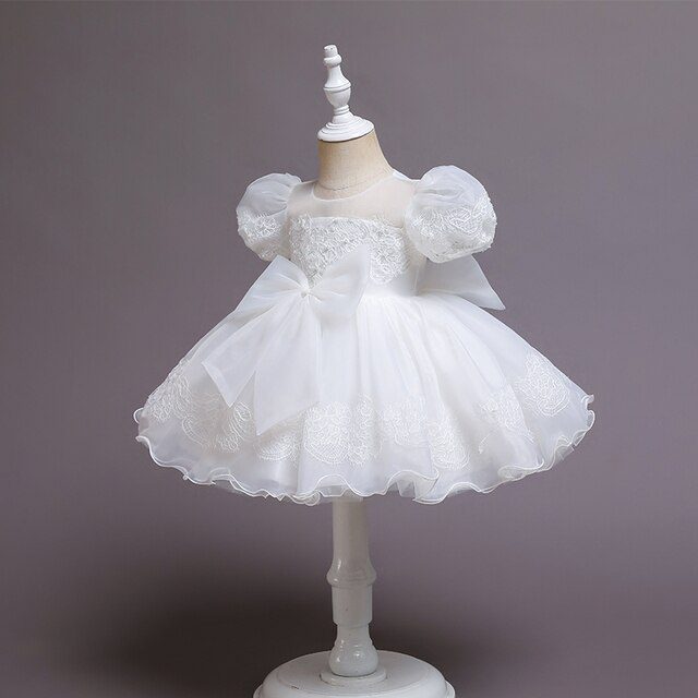 Big Bow Lace and Organza Puff Sleeves Dress