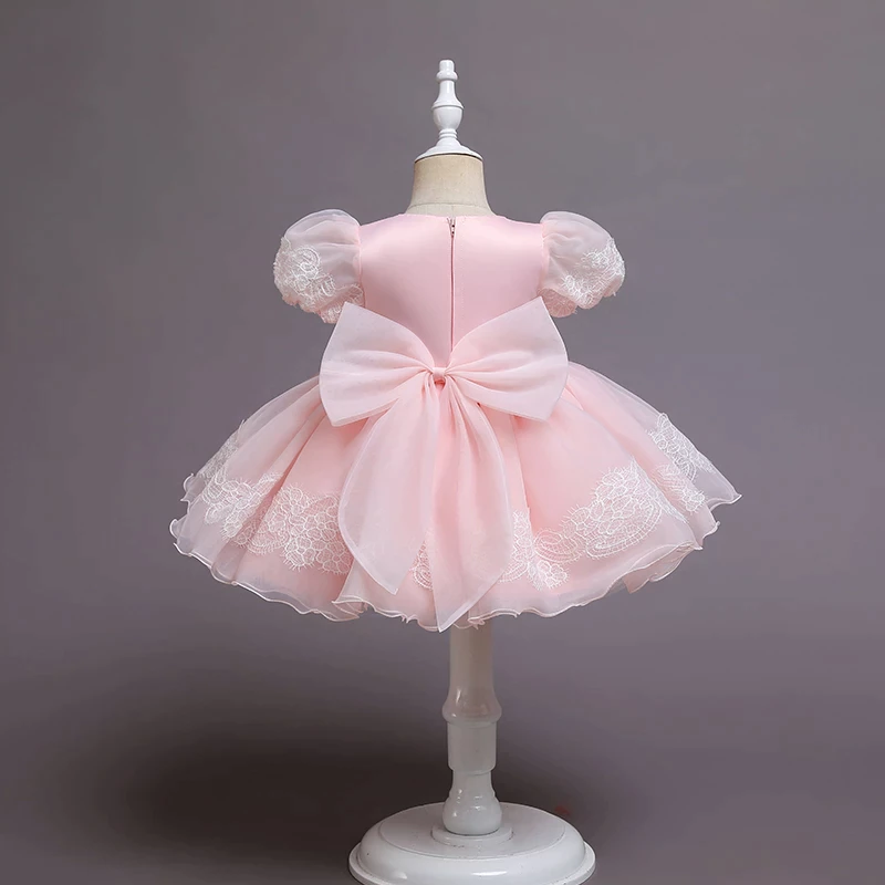 Big Bow Lace and Organza Puff Sleeves Dress