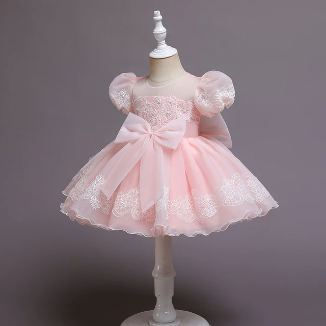 Big Bow Lace and Organza Puff Sleeves Dress