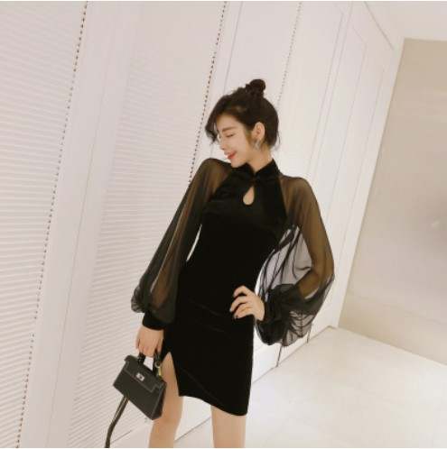 Lantern Sleeves with Chinese Button Knot Little Black Dress