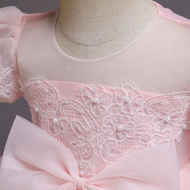 Big Bow Lace and Organza Puff Sleeves Dress