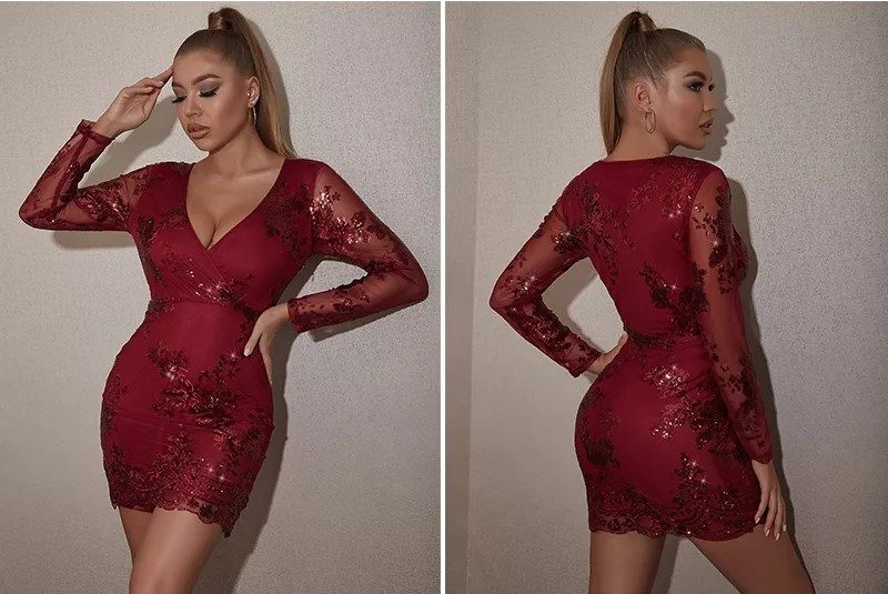 Long Sleeves V neck Sequin Party Dress