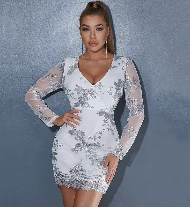 Long Sleeves V neck Sequin Party Dress