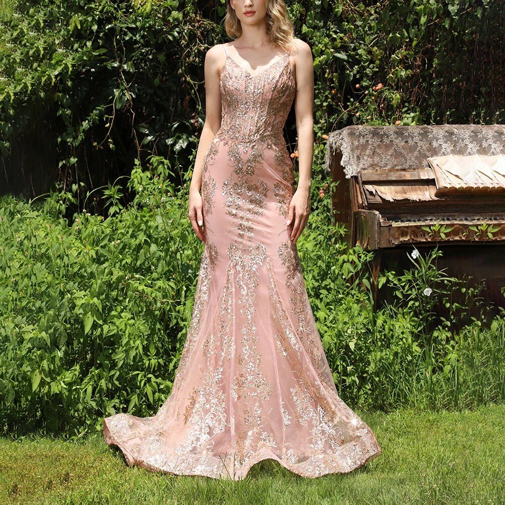 Corset Straps Glitter Sequins Princess Cut Mermaid Gown