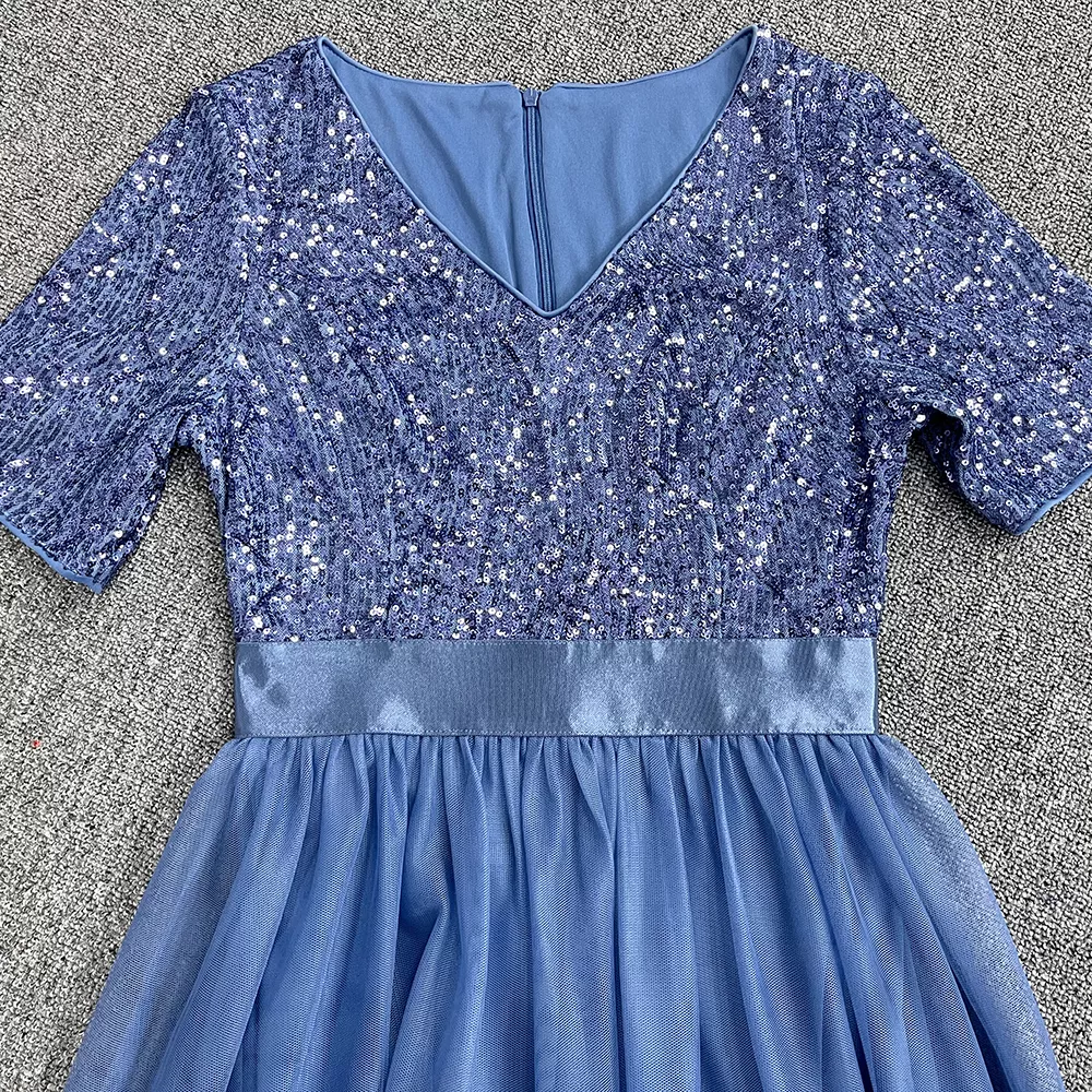 Dusty Blue Tulle A Line Sequin Top Bridesmaid Dress