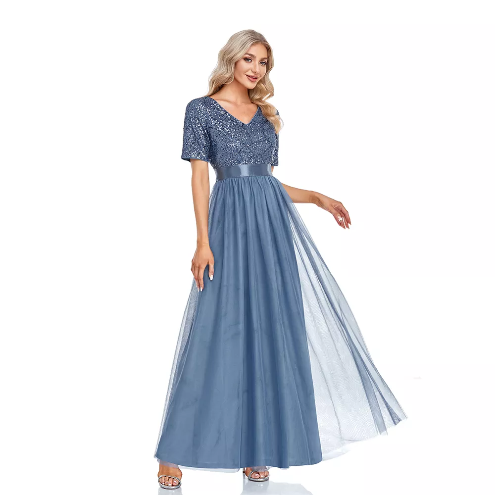 Dusty Blue Tulle A Line Sequin Top Bridesmaid Dress
