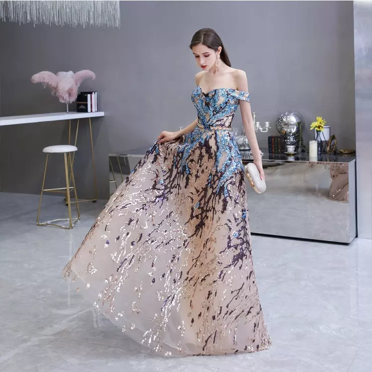 Champagne Off Shoulder Glamorous Evening Gown