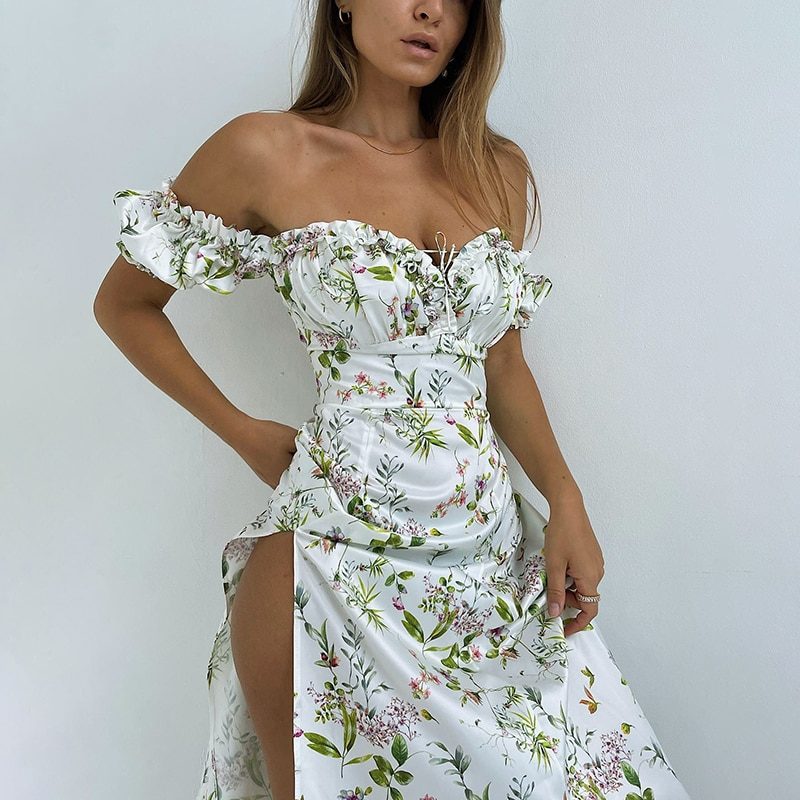 Off Shoulder Summer Floral Side Slit Dresses