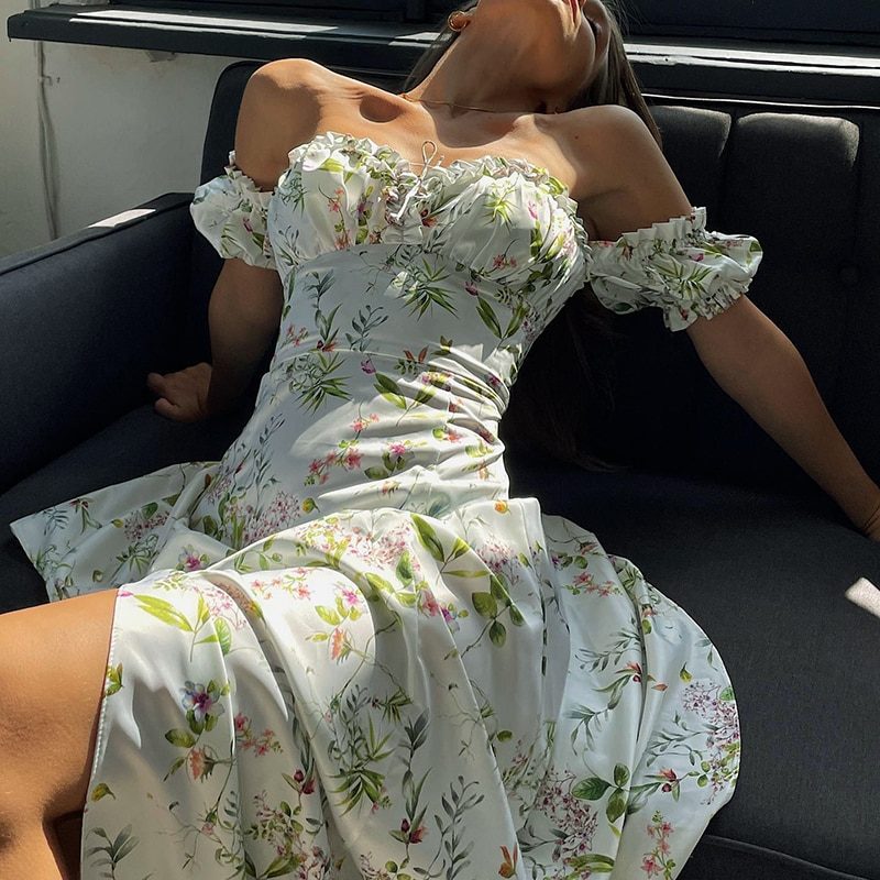 Off Shoulder Summer Floral Side Slit Dresses