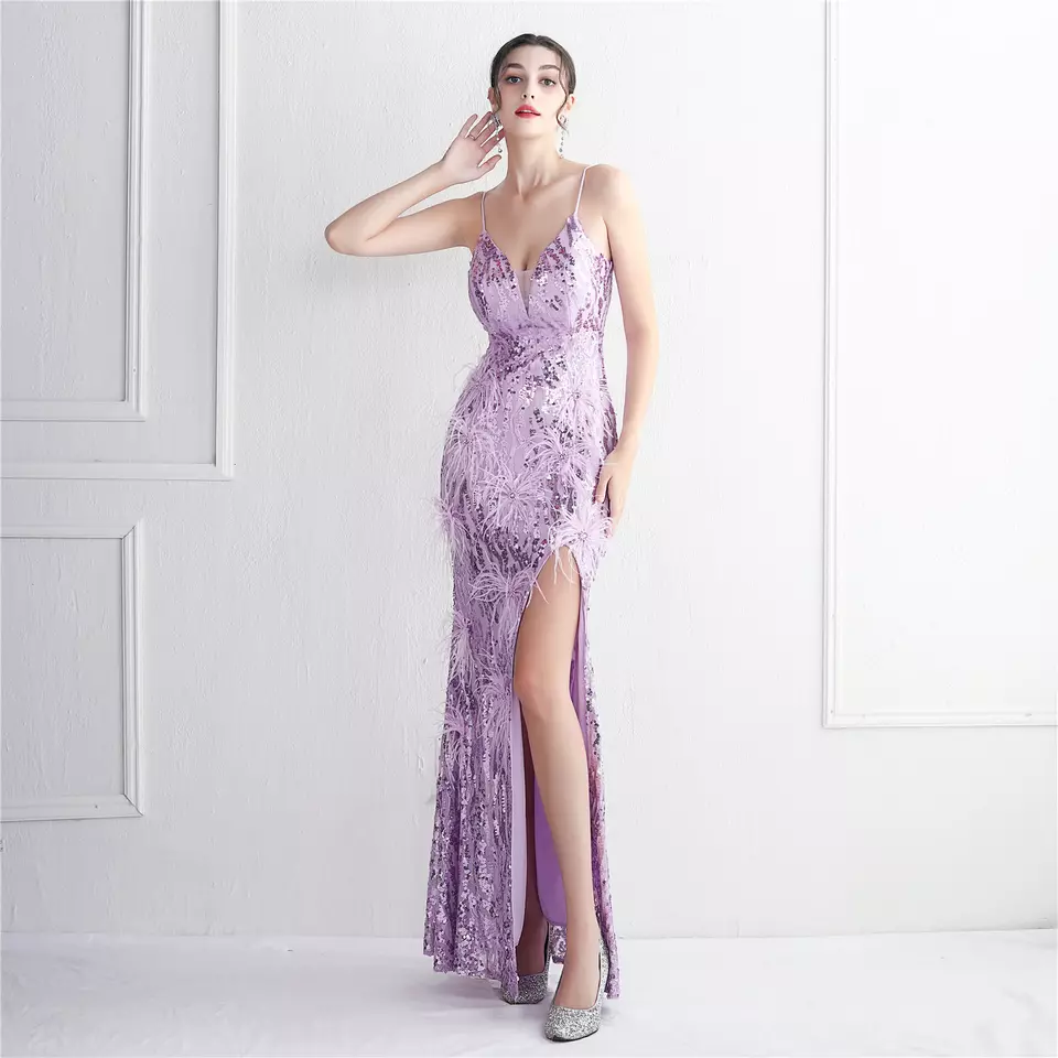 Lilac Feather and Sequins Deep V neck Gown