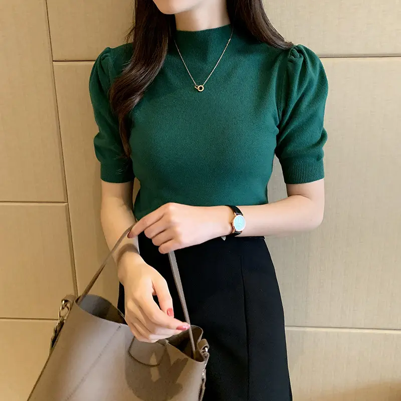 High Collar Knit Puff Sleeves Tops