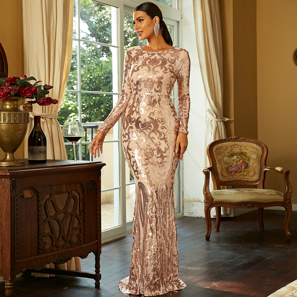 Long Sleeves Sequin Embroidered long Gowns